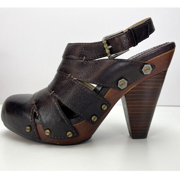FRYE Slingback Brown Leather Platform Clog Shoe Womens (6) Flora Stitch Boho - Picture 1 of 8